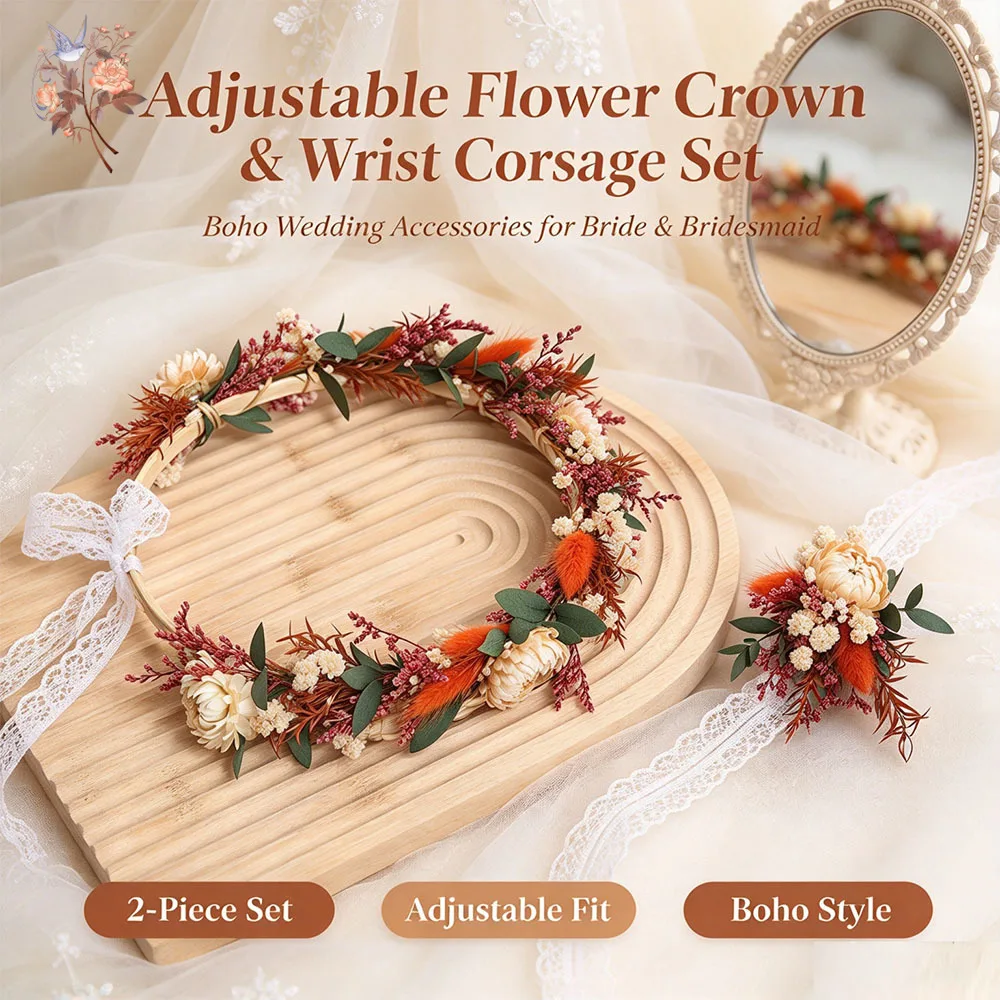 Boho Dried Flower Wreath with Wrist Corsage Set Handmade Fall Woodland Wedding Adjustable Natural Floral Hoop Lace Ribbon Decor