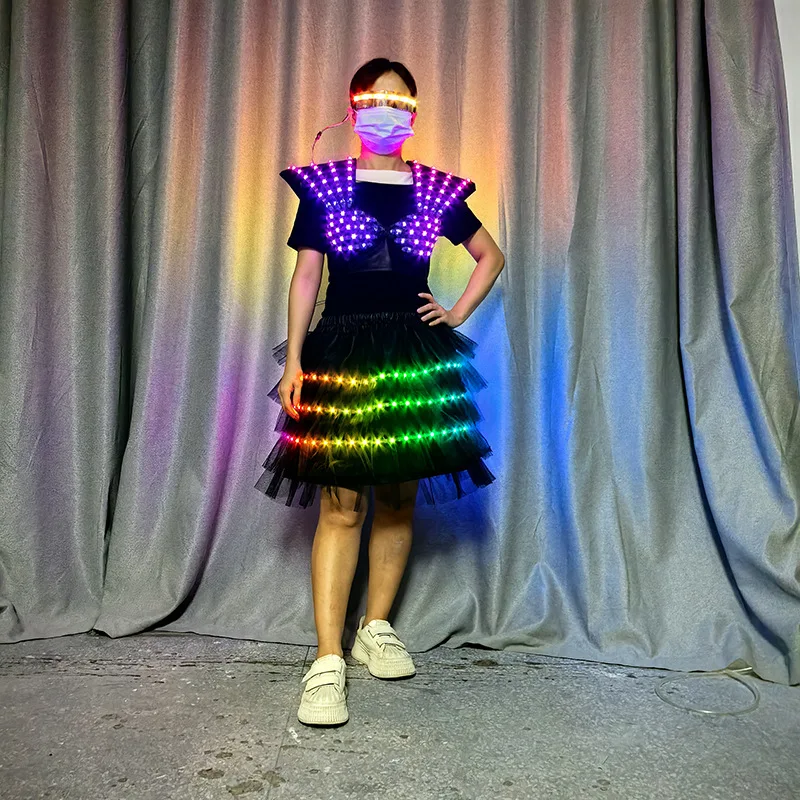 Damen-Show, LED-Leuchtkostüm, Oberrock, 2-teiliges Set, Brille, Fantasie, Bühnenauftritt, Nachtclub, Sänger, Party, Rave-Outfit, Neu