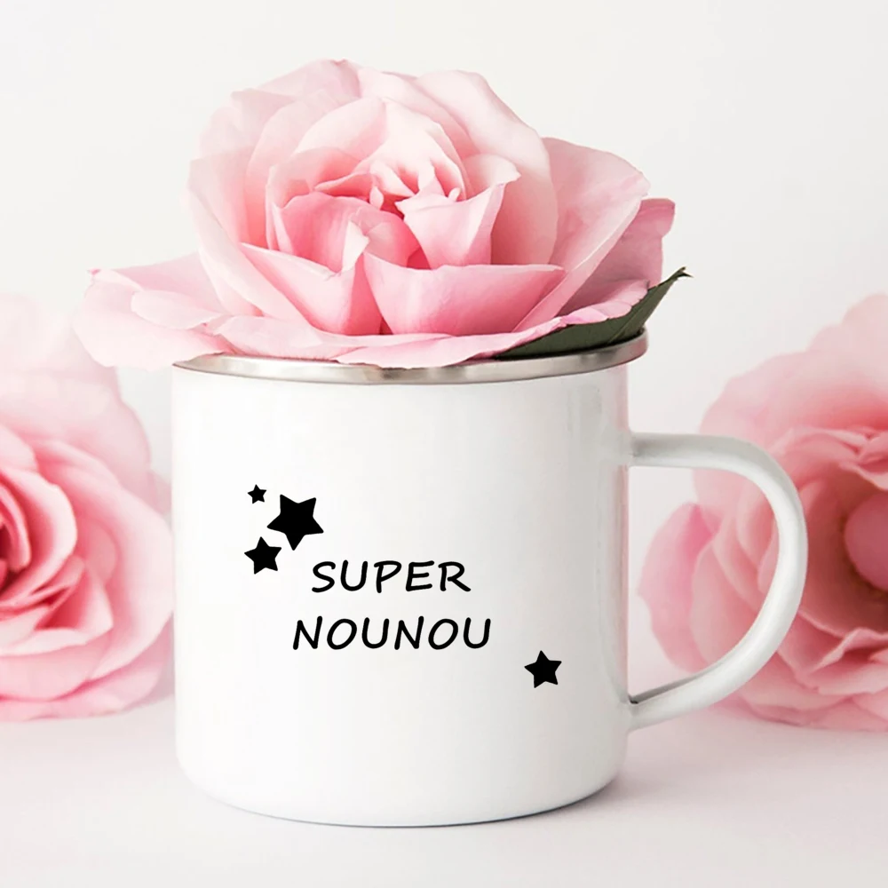 Merci Nounou Printed Mugs Creative Coffee Tea Cups Drink Water Milk Cup Enamel Mug School Home Handle Drinkware Gifts for Nounou