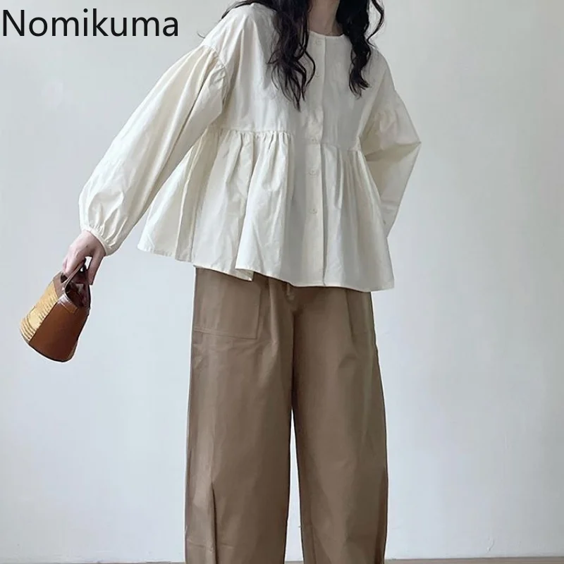 Nomikuma Shirts Blouses Spring Autumn Lantern Sleeve Pleated Loose Solid Blouses for Women Fashion 2022 Casual Shirts for Women