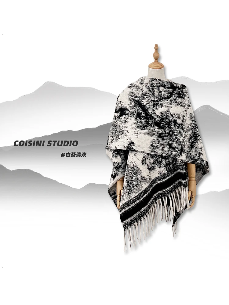 

2025 новая накидка в национальном стиле в стиле ретро с тушью, женская осенне-зимняя утолщенная теплая высококачественная накидка с бахромой, шаль