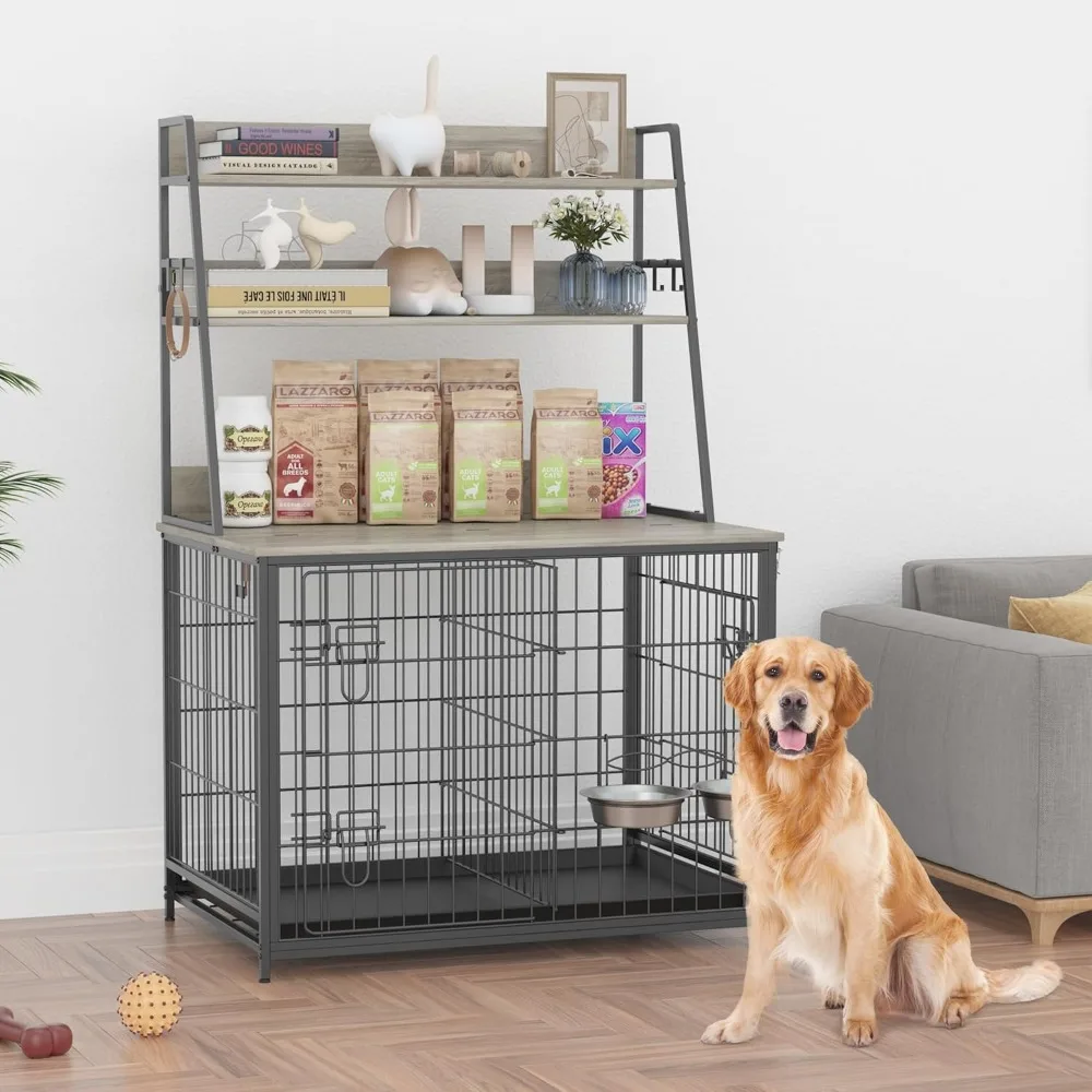 Wooden Dog Crate with Storage, Adjustable Feeding Station, Customizable Layout, Multi-Purpose Design, Ideal for Home Organizatio