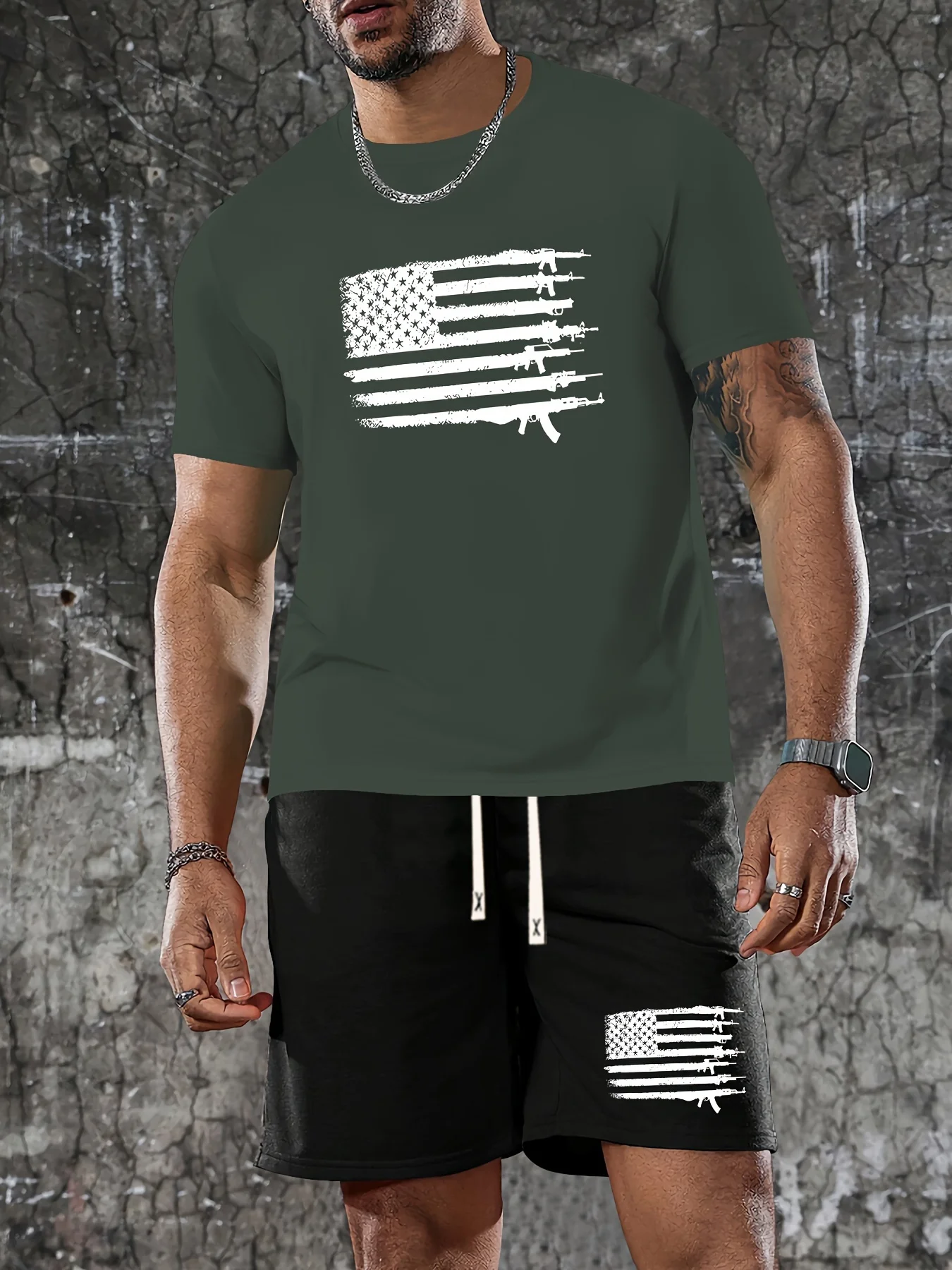 

Новый мужской комплект 2026: футболка с круглым вырезом и шорты с принтом орла и флага — летняя мужская спортивная одежда больших размеров — комплект для тренировок из 2 предметов