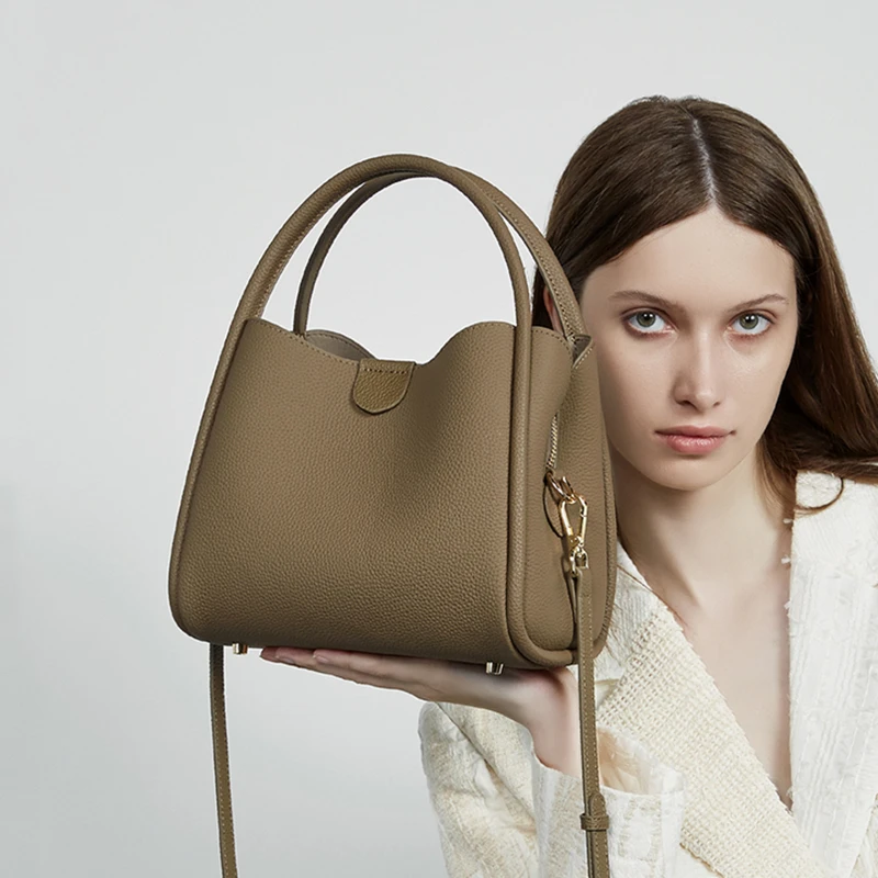 

Burminsa Cowhide Genuine Leather Bucket Tote Handbags For Women 2025 Luxury Designer Top Handle Ladies Shoulder Crossbody Bags