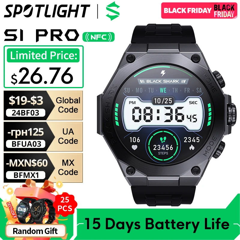 [World Premiere] Global Version Black Shark S1 Pro Smart watch 1.43'' AMOLED Wireless Charging 15 Days Battery Life NFC Chat GPT