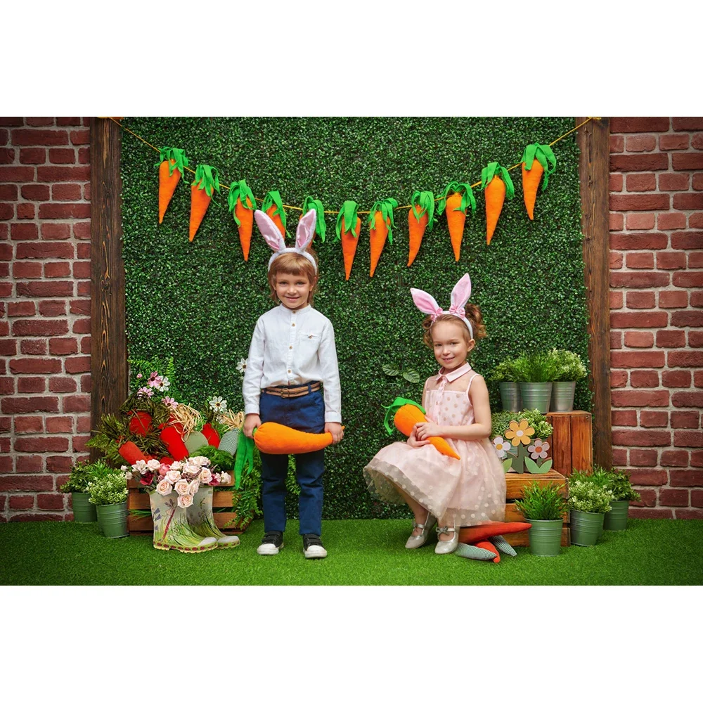 Mocsicka Easter Backdrop Kids Photocall Carrot Bunny Decor Garden Gress Floor Background Brick Wall Child Baby Photostudio Props