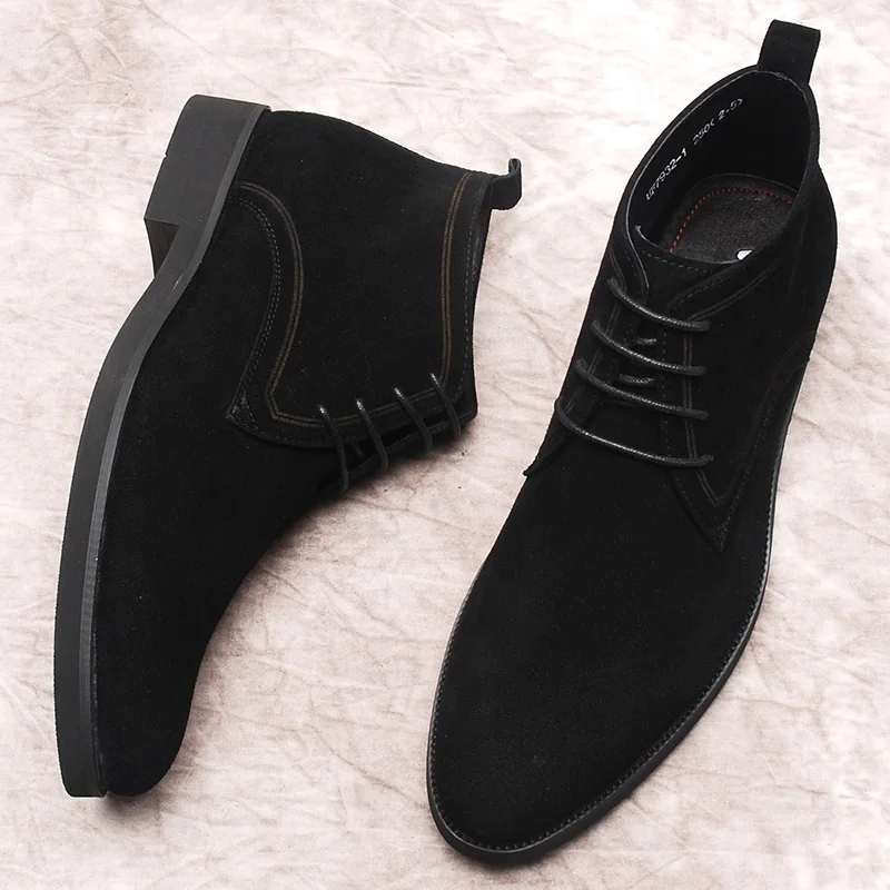 Genuine Winter Leather Ankle Boots Man Black Handmade Mens Dress Boots Lace Up Formal Shoe Suede Luxury Chelsea Boots Men