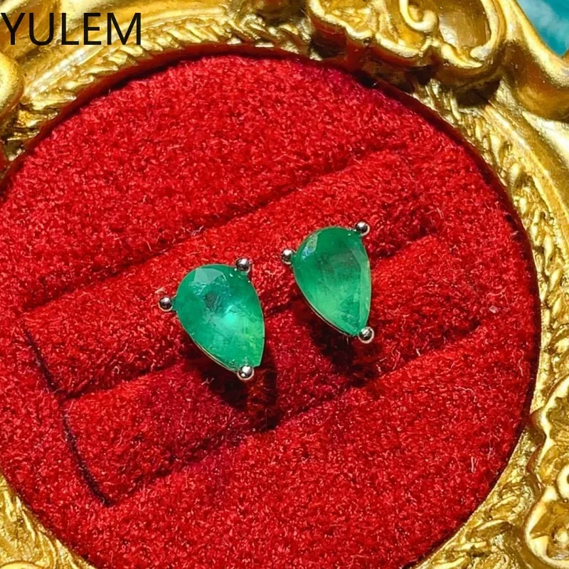 YULEM 4mm * 6mm Natural Water Drop Emerald Simple Four Claw Design Silver 925 Earring for Women Daily Wear