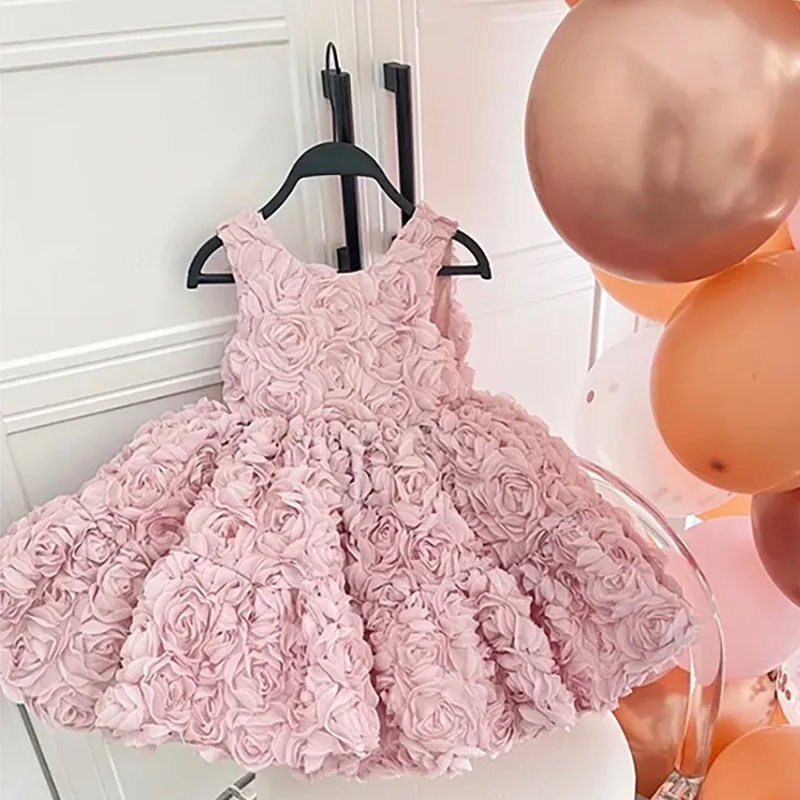 Girls birthday princess dress high-end dress Korean style fashion baby pink three-dimensional flower dress