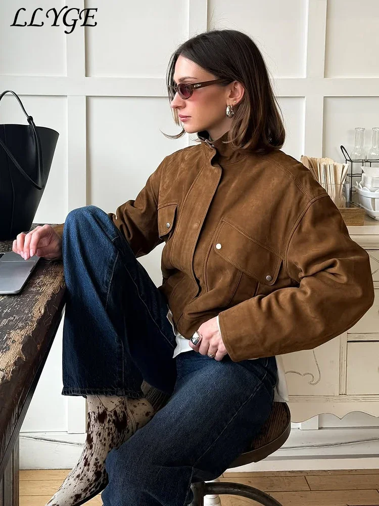 

Elegant Women's Short Suede Jacket Women Zipper Lapel Long Sleeve Pocket Bomber Jackets 2025 Spring Autumn Lady Street Outwear