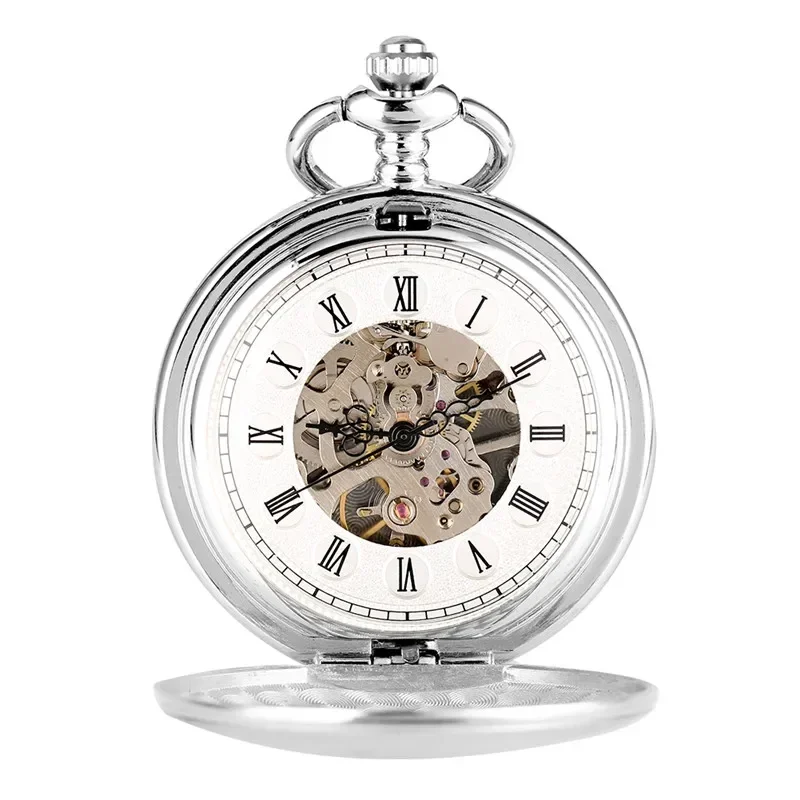 Silver Pocket Watch Smooth  Double Open Hunter Unisex Hand-winding Mechanical Pendant Watches Roman Number FOB Chain Gift