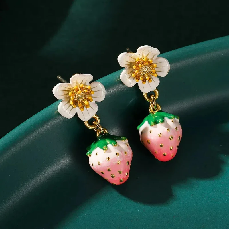 Cute Fairy Style Small Enamel Glazed White Flower Pink 3D Strawberry Charming Dangle Stud Earrings Fruit Ear Clips for Women