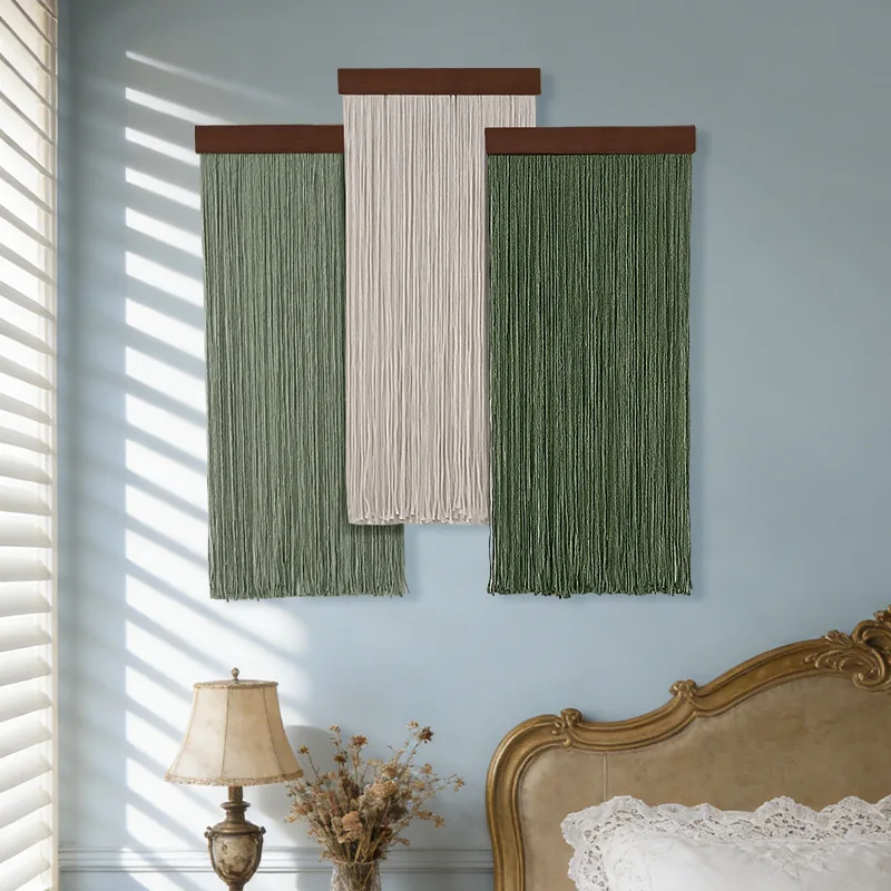 Nordic Minimalist Wooden Board Macrame Wall Hanging, Hand Woven Cotton Rope Tassel Tapestry, Living Room Bedroom Art Wall Decor