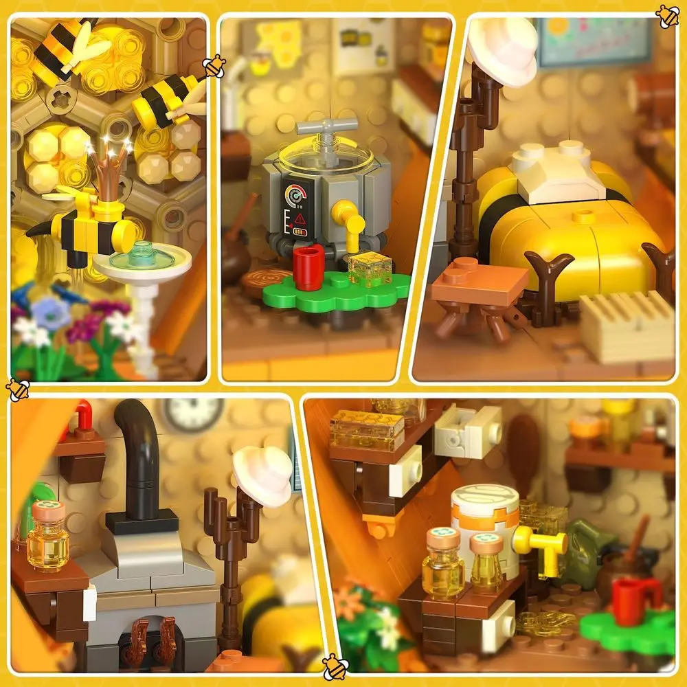 ライト付き蜂の巣ビルディングキット、1704ピースのハニーキャビンブロックセット、花、動物、ツリーハウス付き、大人と12歳以上の子供向け