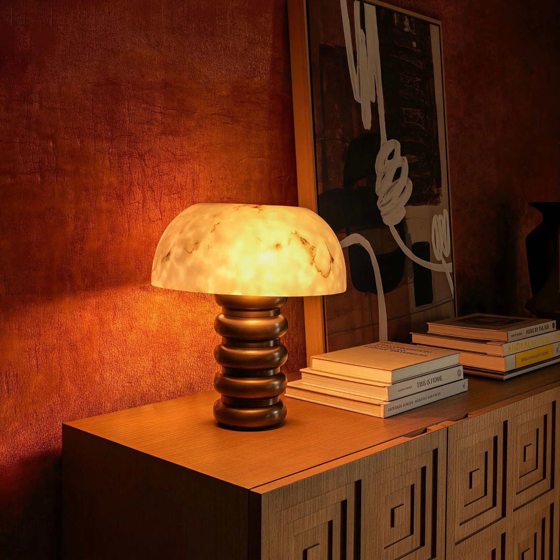 Vintage Wabi Sabi Solid Wood Floor Lamp Table Lamp Cloud Marble Lampshade Retro Beaded Column Standing Light for Living Room Bed