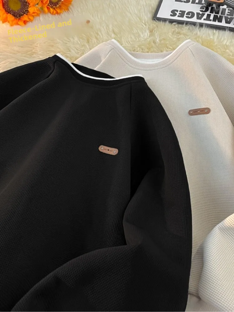 

Мужская утепленная толстовка с круглым вырезом и начесом, осенне-зимняя спортивная одежда, базовая футболка с длинным рукавом для молодежи, повседневная.