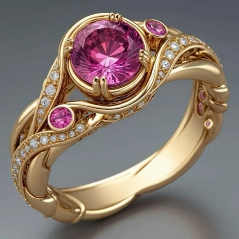 Romantic Vintage Rose Red Synthetic Zirconia Golden Hollow Eternal Ring Women's Elegant Luxury Banquet Anniversary Charm Jewelry