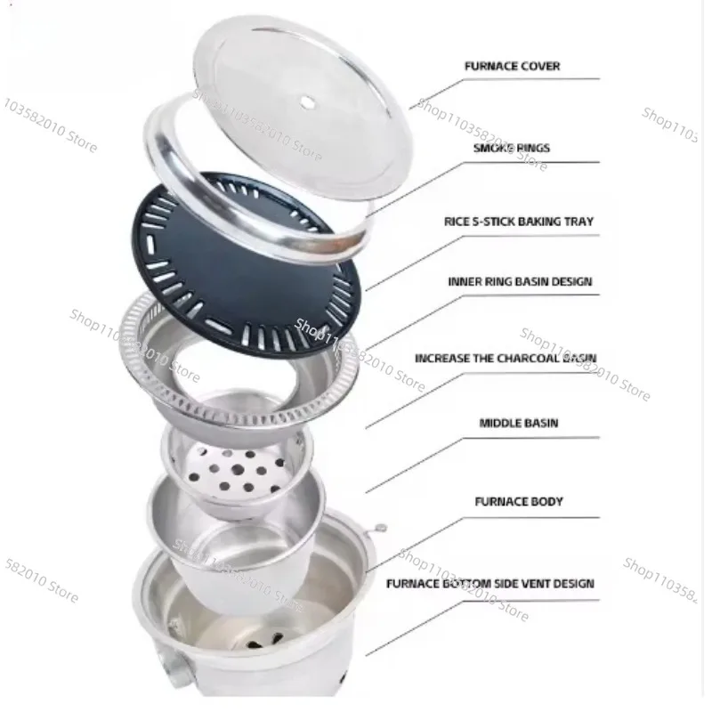 Korean-Style Under-Exhaust Charcoal BBQ Oven, Stainless Steel Self-Service Barbecue Pot for Tabletop Grilling