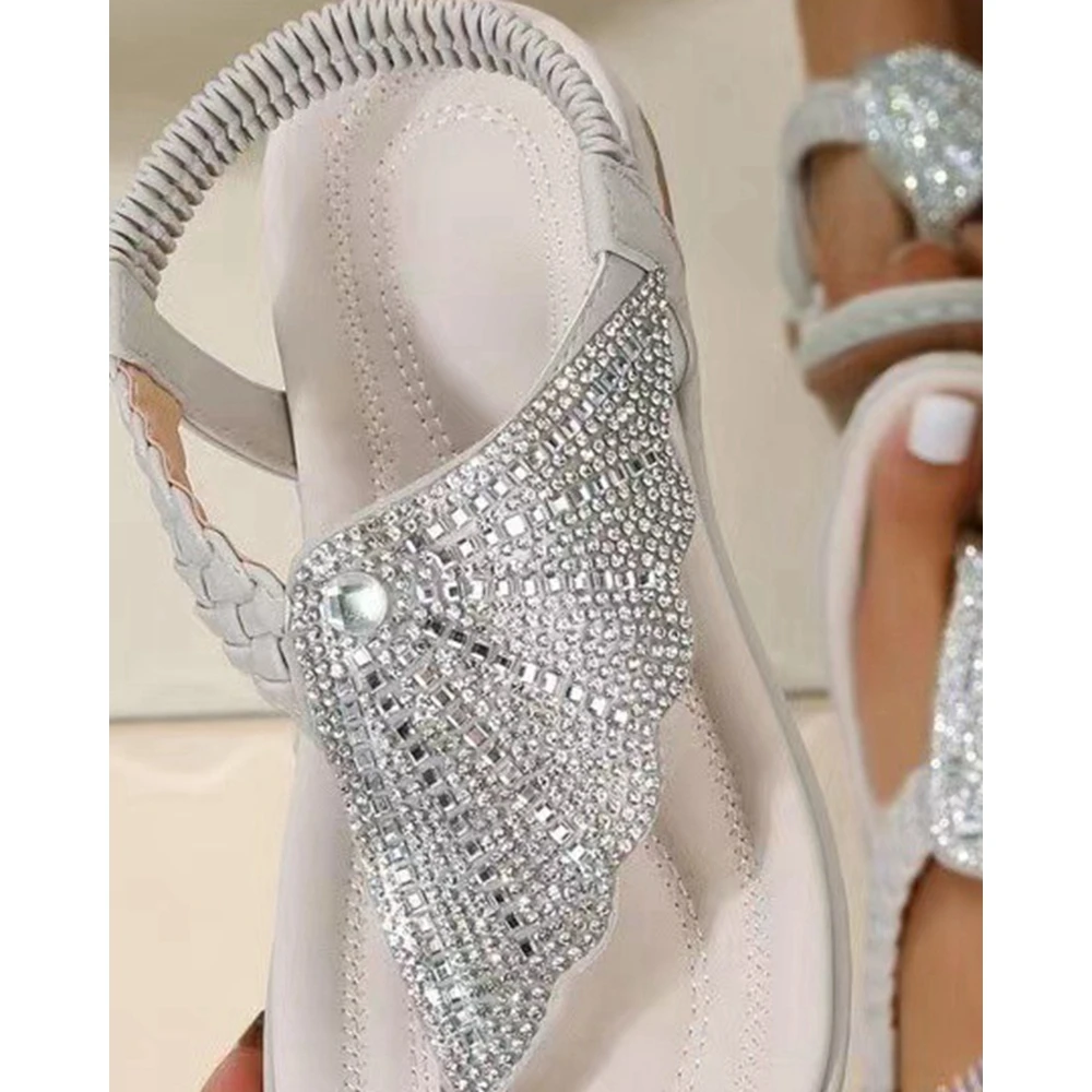 Women Rhinestone Design Toe Post Beach Vacation Sandals Fashion Back Strap Going Out Femme Party Summer Shoes Korean Style