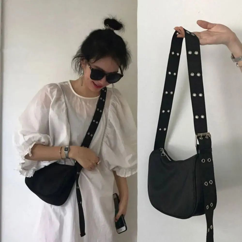 Nylon Bag Women Vintage Black Shoulder Bag Casual Girls Armpit Bag Solid Color Handbag Street Crossbody Bag