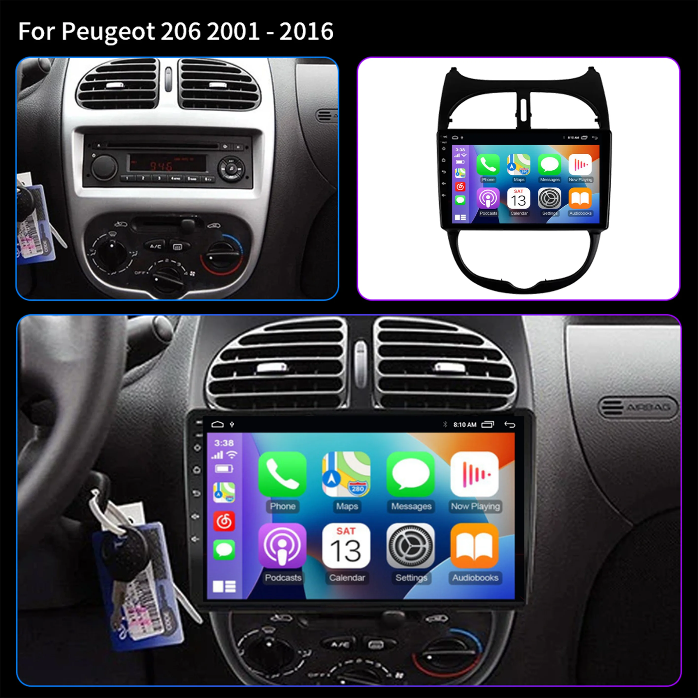 Android 15 Car Multimedia Player for Peugeot 206 206CC 206SW 2001-2016 GPS Navigation 4G Wireless Carplay Video Support Rear Cam