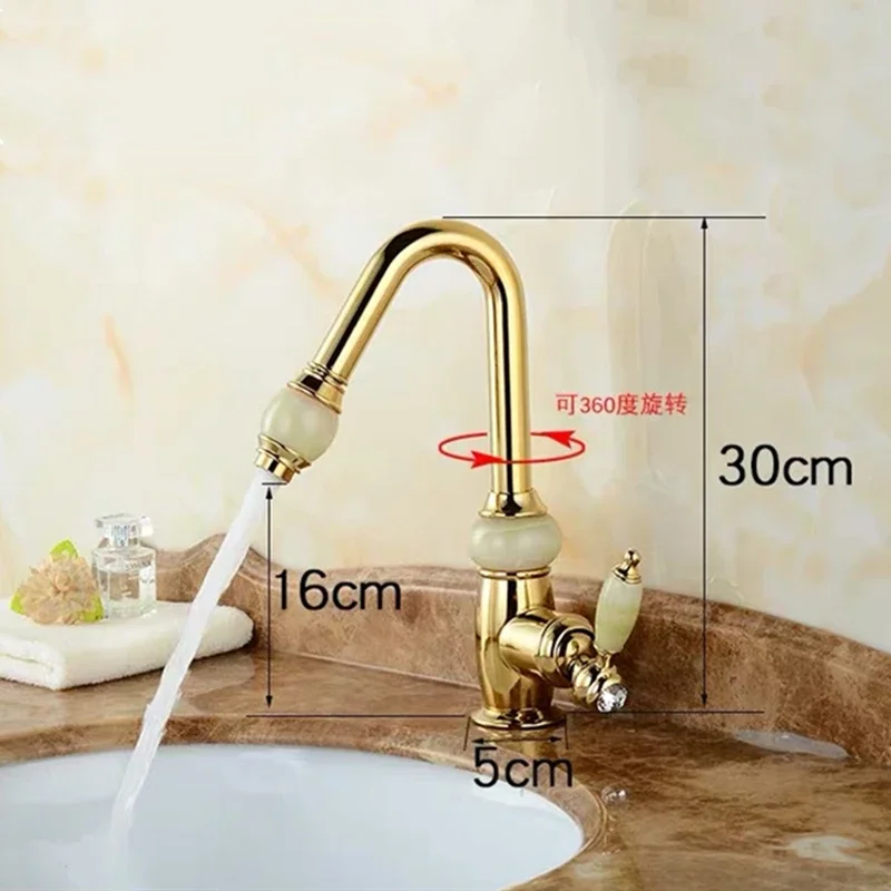 Wash-basin Faucet Rose Gold Brass Pull Out Bathroom Basin Faucet Jade Shower Head Cold Hot Water Single Handle Sink Tap Torneira