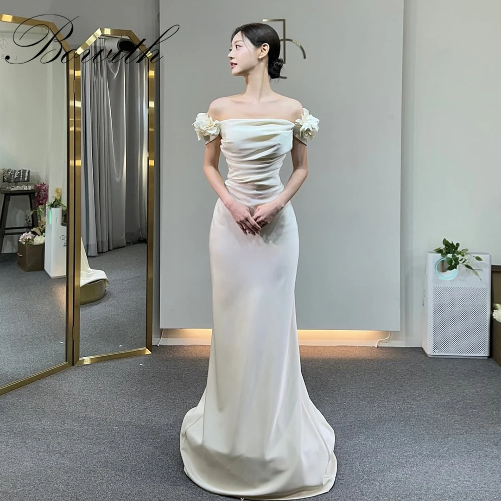 

Bowith Off the Shoulder Sheath Wedding Dresses Korea Photo Shoot Floor-Length 웨딩드레스 Customized Bridal Gown Reception Dresses