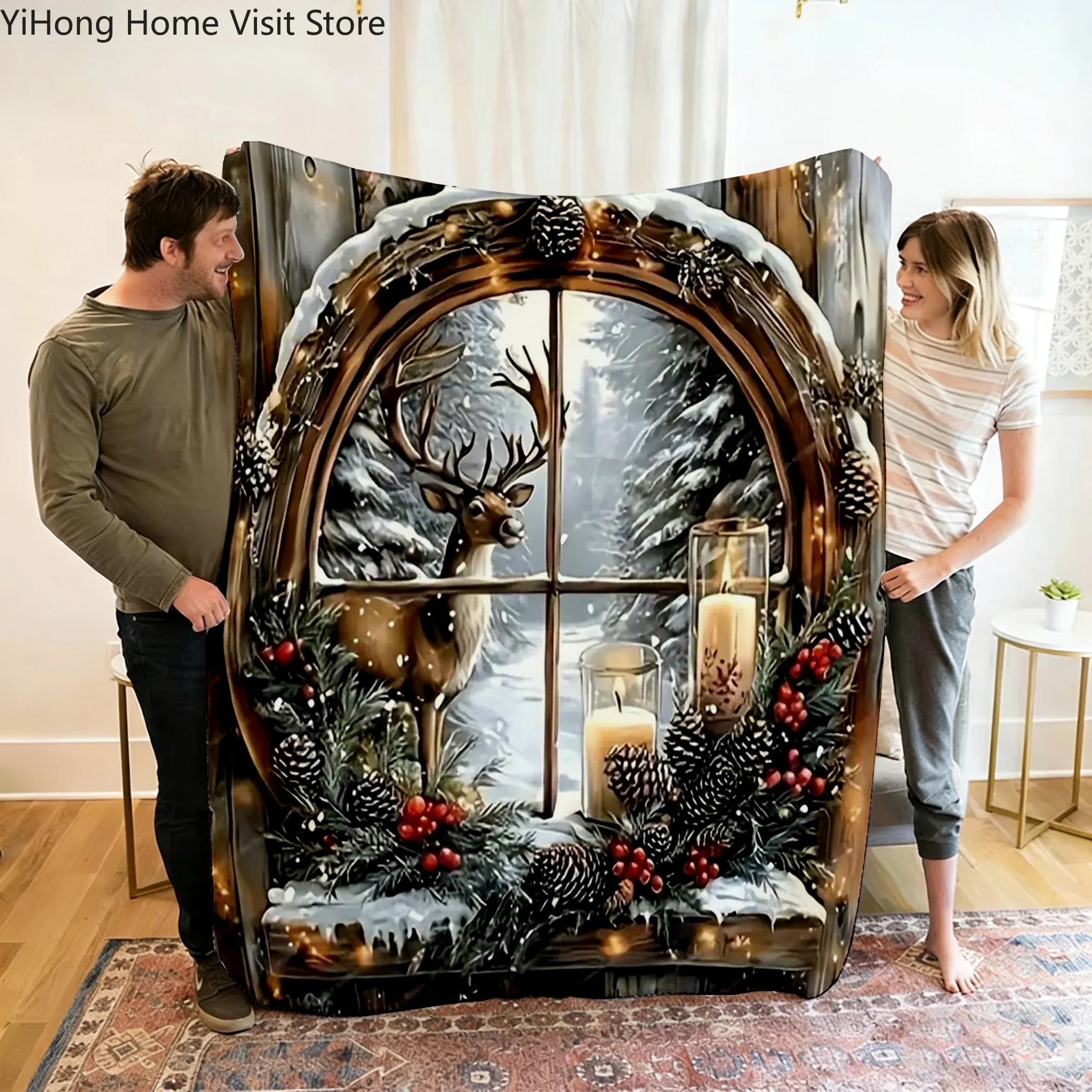 3D Deer Window Landscape Blanket,Soft Throw Blanket for Home Bedroom Bed Sofa Picnic Travel Office Cover Blanket Kids