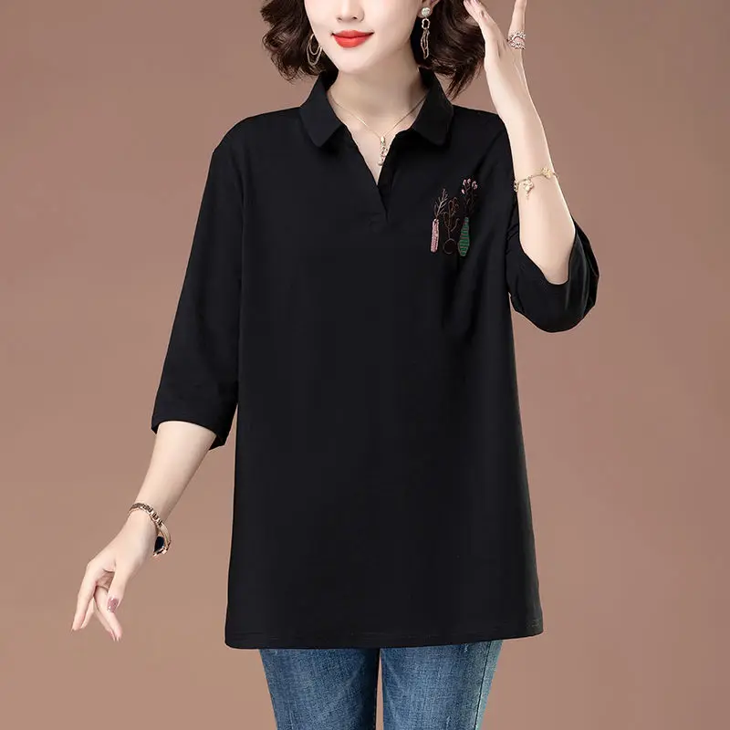 تي شيرت صيفي فضفاض مناسب للأم مقاس كبير مع أكمام ثلاثة أرباع قميص نسائي كاجوال لمنتصف العمر وكبار السن، Turn-d #3