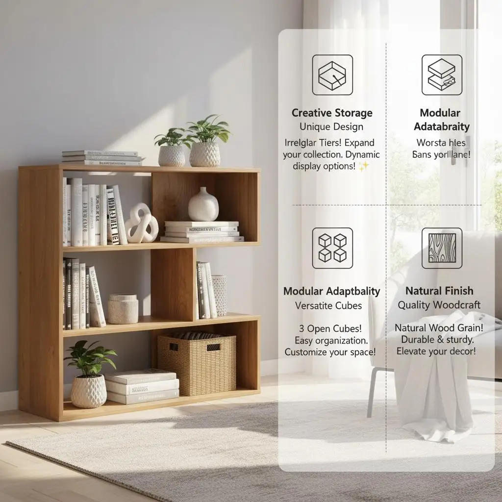 Stilvolles Konkaves Aufbewahrungsregal mit 3 Offenen Fächern | Robustes Wasserfestes Bücherregal mit Kippschutzvorrichtungen & Rutschfesten Pads | Multifunktionaler Display-Organizer für Wohnraumdekoration – Detail 2