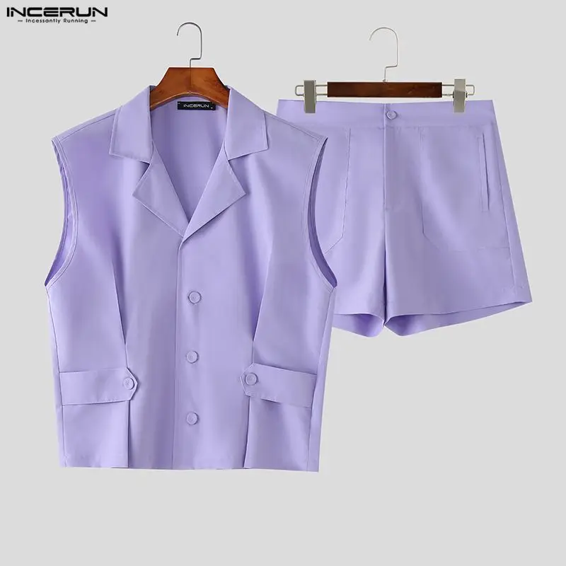 

INCERUN Men's Sets Solid Lapel Sleeveless Crop Shirt Shorts Two Piece Sets Streetwear Men Matching Sets 2026 Stylish Tracksuits