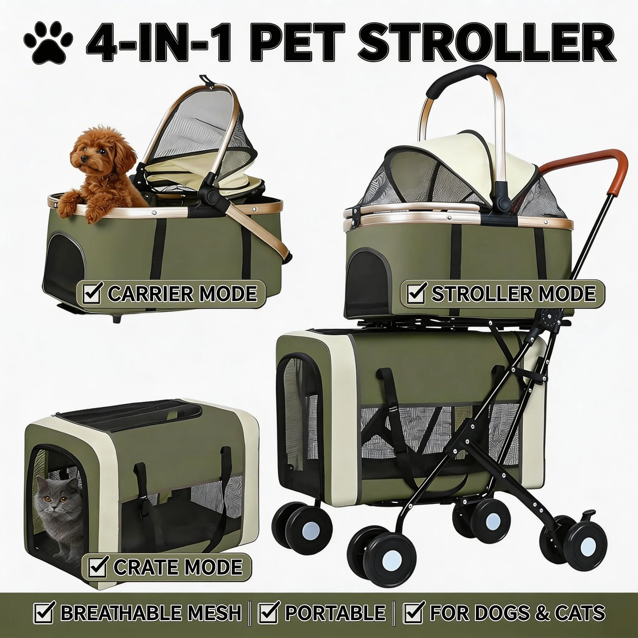 

Double Pet Stroller For Dogs Cats Foldable Travel Carriage Detachable Carriers Safety Belts 4 Lockable Wheels Easy Assemble