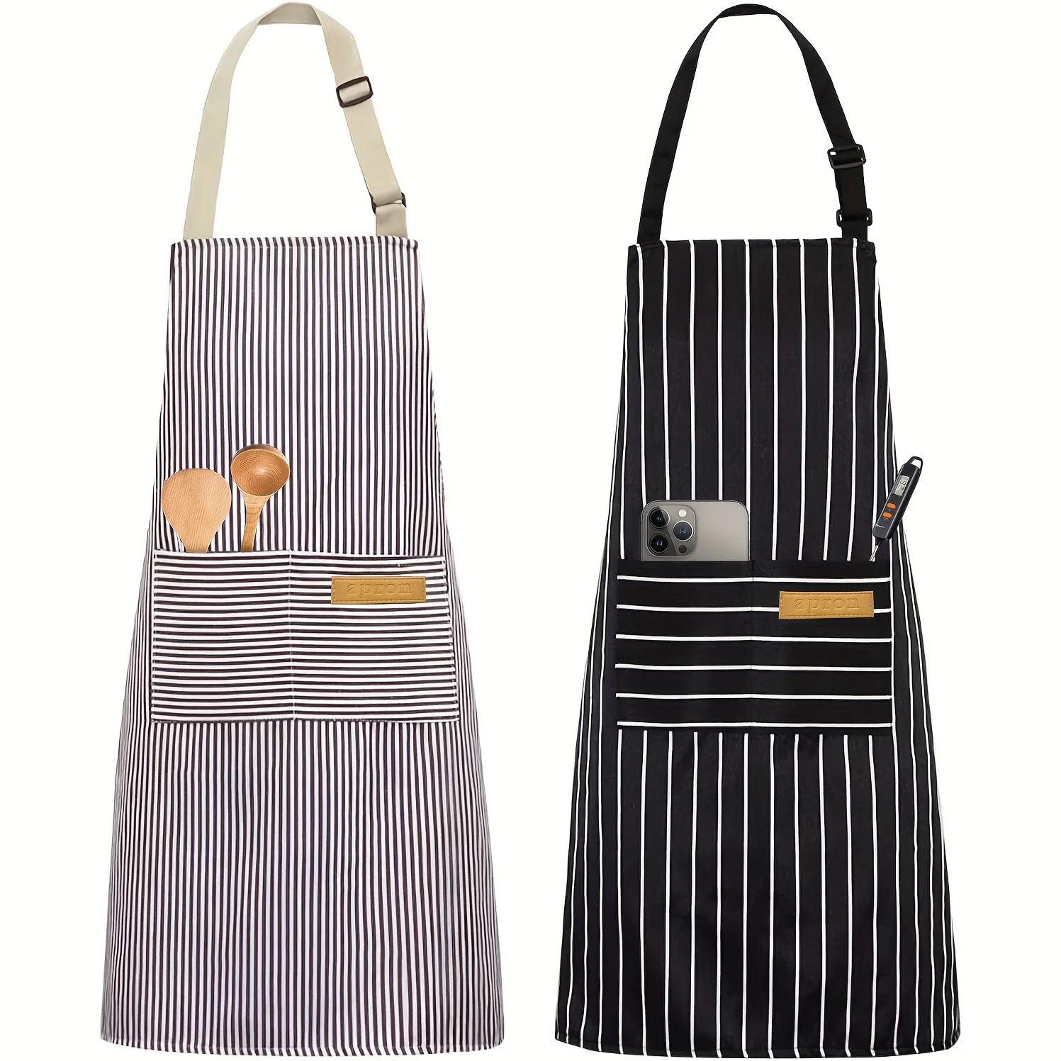 1pc Unisex Black and White Striped Cotton Adjustable Apron with Pocket - Comfortable, Durable, and Stylish Cooking Apron for Wom