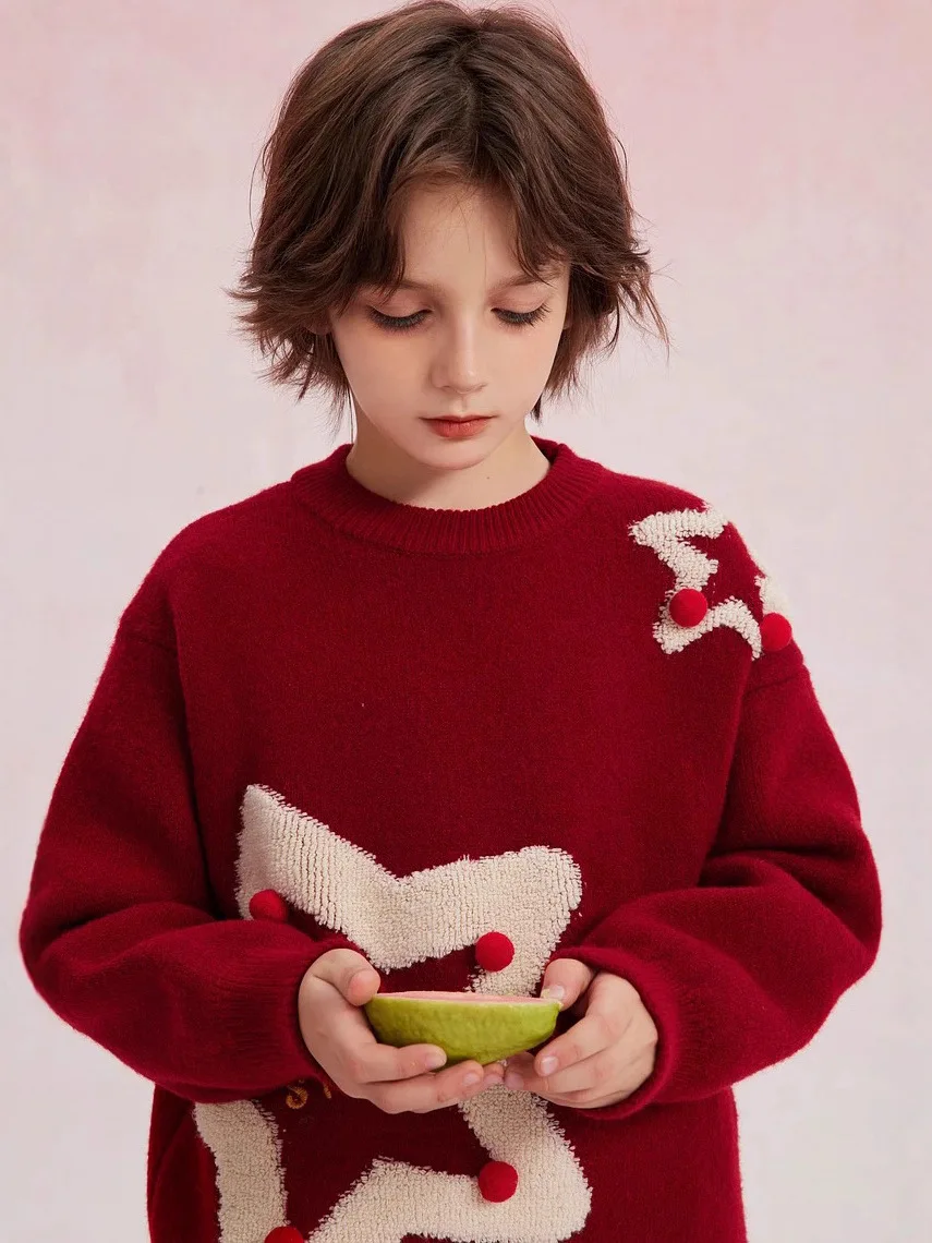 سترة الأخت والأخ لخريف وشتاء جديدة للأولاد والبنات، سترة محبوكة متعددة الاستخدامات لعيد الميلاد باللون الأحمر الخماسي