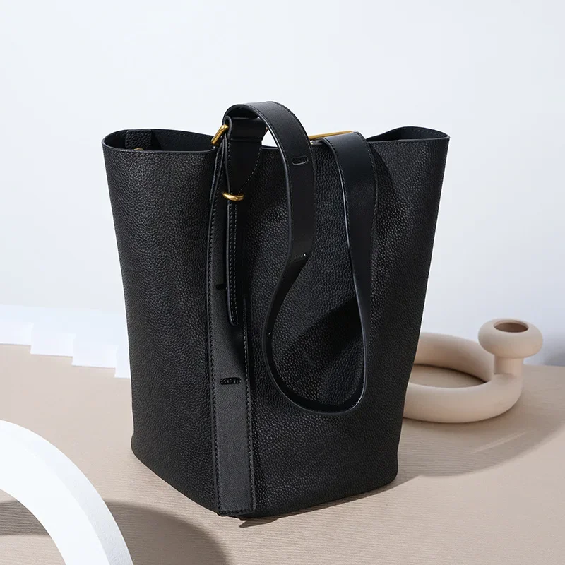 2024 Fashion Trend Genuine Leather Shoulder Bucket Bag for Women Large Cowhide Female Handbag Lichee Leather Handle Bag Purse