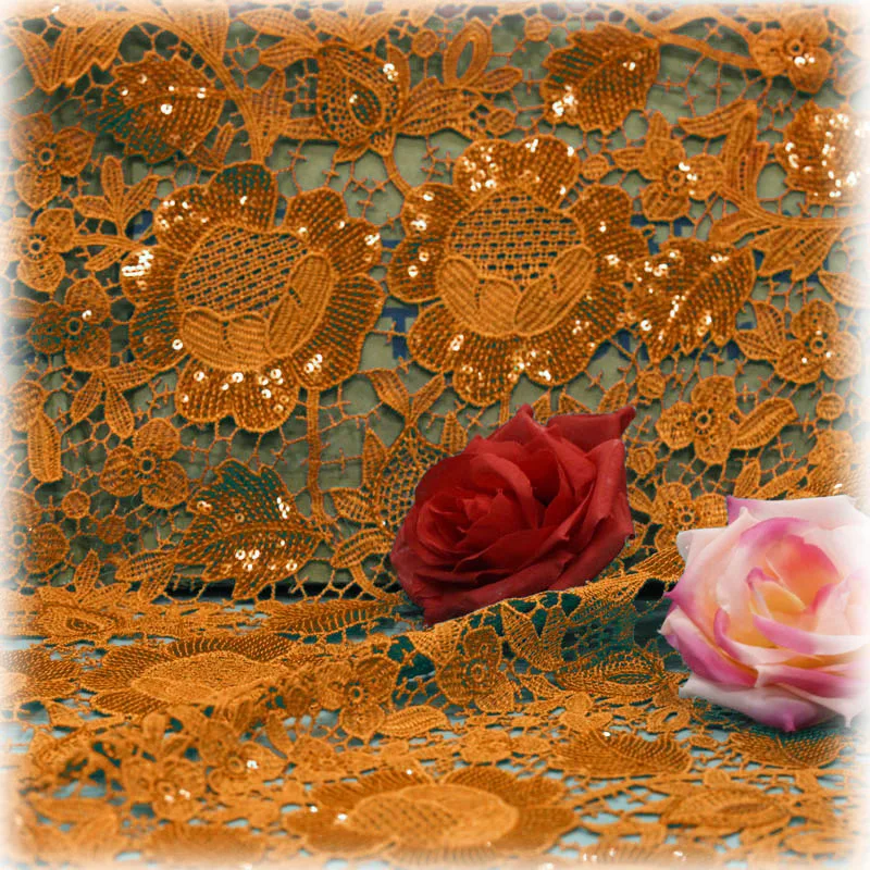 Sequin Cloth Fabric with Embroidery Hollowout Orange 2026 Fashion Show New Patchwork Dress Material for Sewing Fabrics Crafts