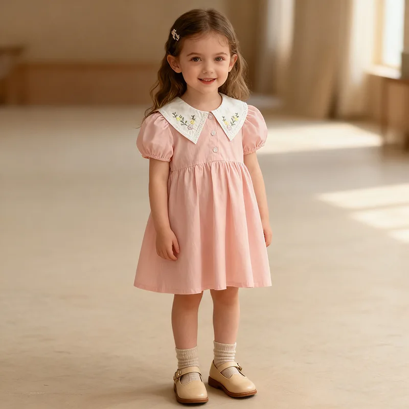 

Горячая распродажа: Новое летнее платье для девочек в корейском стиле с коротким рукавом, вышитым воротником и юбкой-принцессой. Детская одежда.