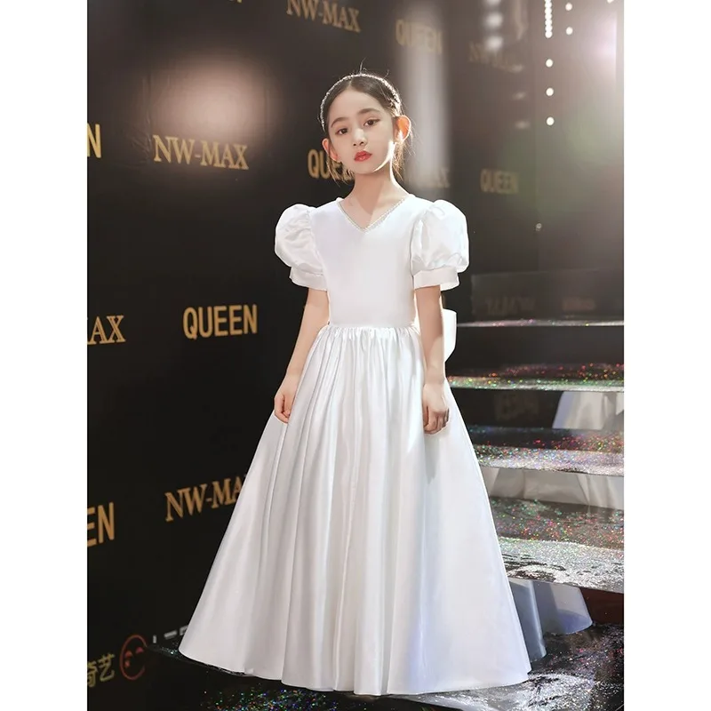 Girls Piano Performance Children Party Dress New White French Puff Sleeve Flower Girl Gown Pageant Formal Celebration Outfit