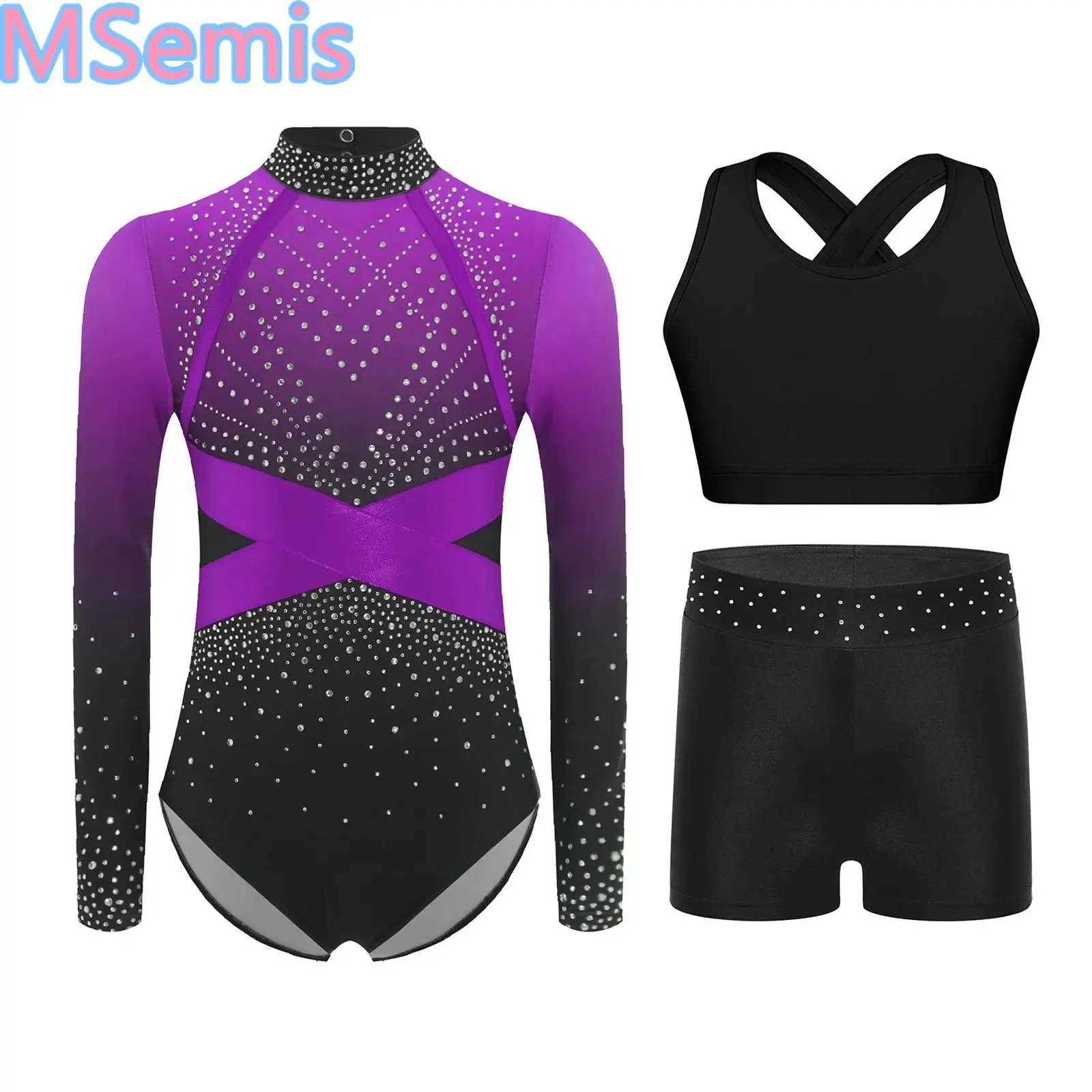 

Kids Girls Dance Sets Long Sleeve Sparkling Rhinestones Color Block Leotard with Cross Back Vest And Shorts for Gymnastics