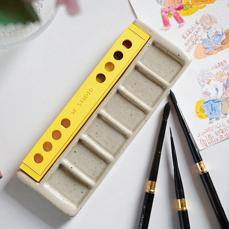 Handmade Ceramic Watercolor Palette Cute Illustrated Paint Tray with Pigment Box Art Painting Tool for Artists Students