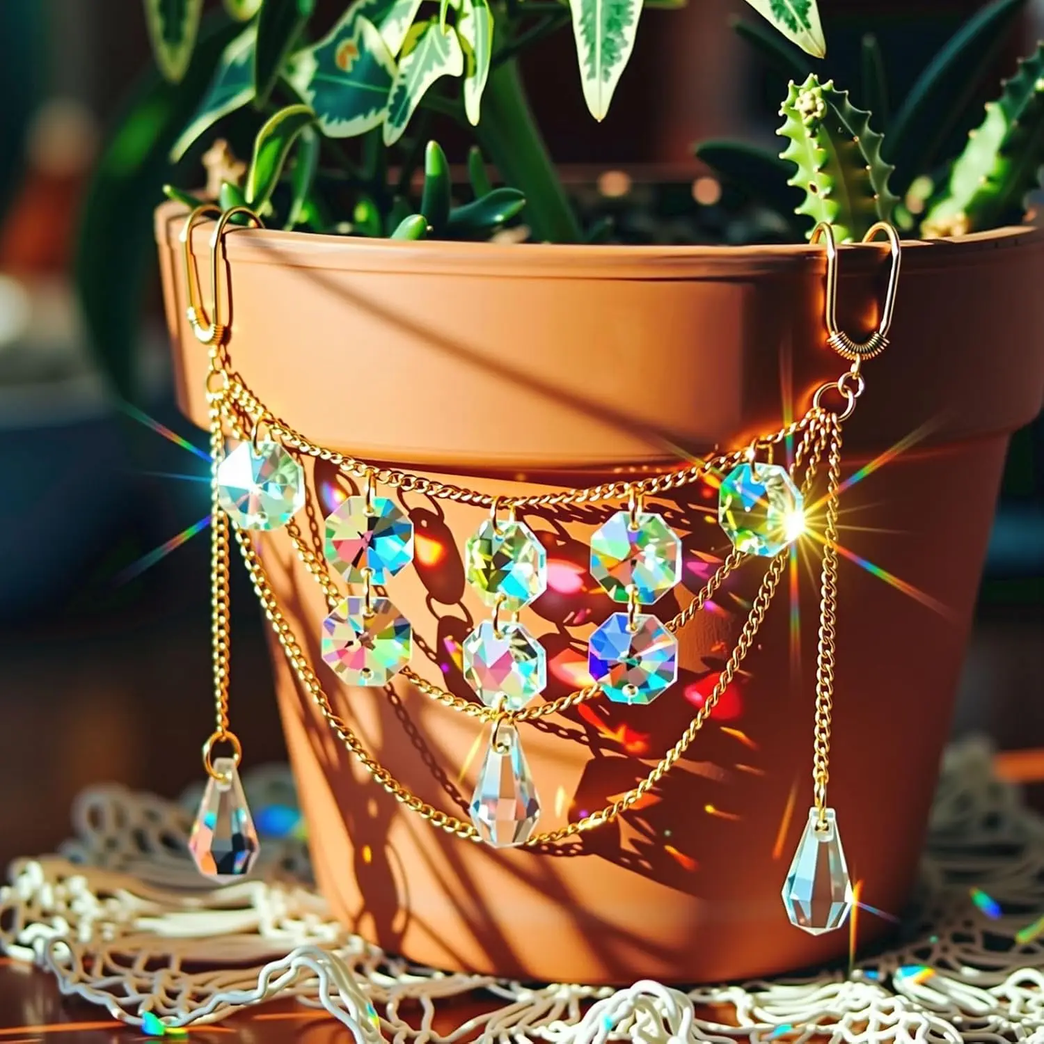 Sun Catcher Plant Hanger with Beads and Glass Crystal Beaded Plant Accessories for Indoor Home Rainbow Decor Pot Accessory