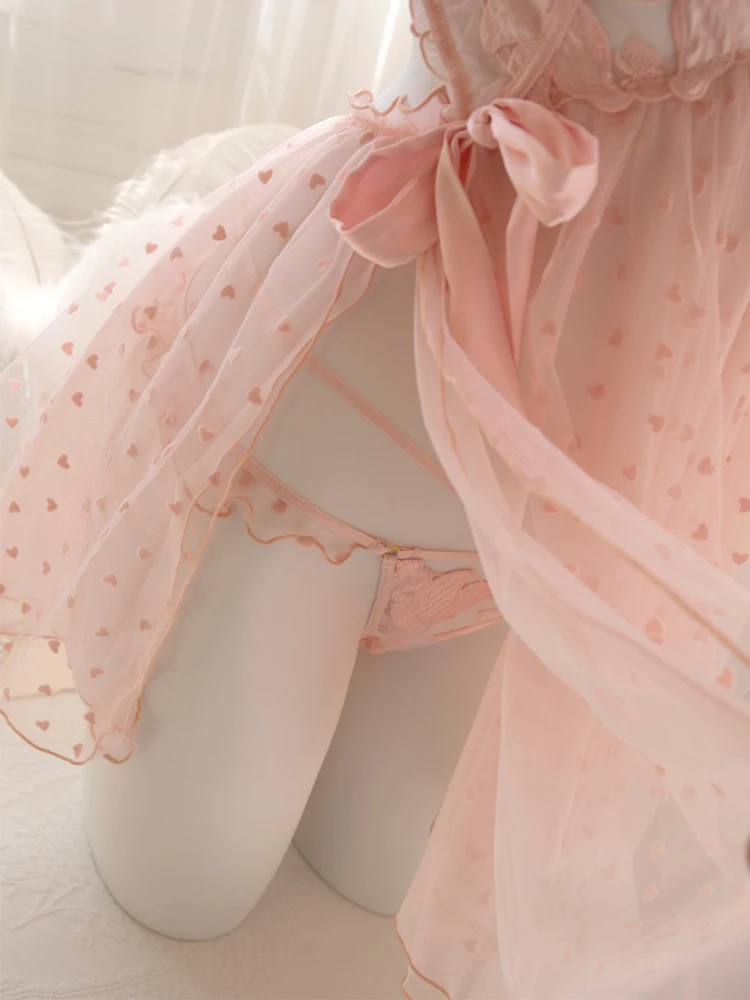 Pink Mesh Floral Embroidery Nightdress Women's Home Clothes Sexy Lingerie Nightgowns with Panty Pajamas Sets Nighty for Ladies