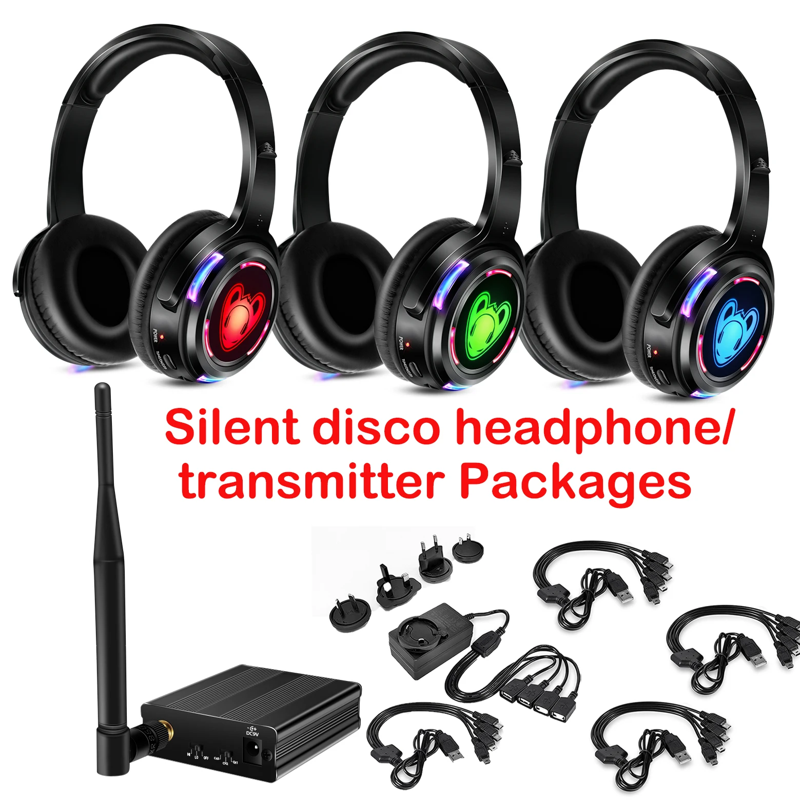 El mejor sistema de auriculares para discoteca silencioso, auriculares LED intermitentes con transmisor de 3 canales y 500M, inalámbrico RF para iPod, MP3, DJ y música
