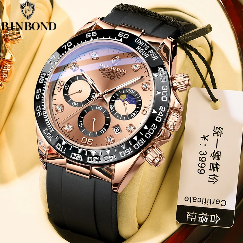 BINBOND Men's Watch New Luxury Quartz Clock Original Silicone Sports Multi Functional Waterproof Luminous Date Timer Wrist Watch