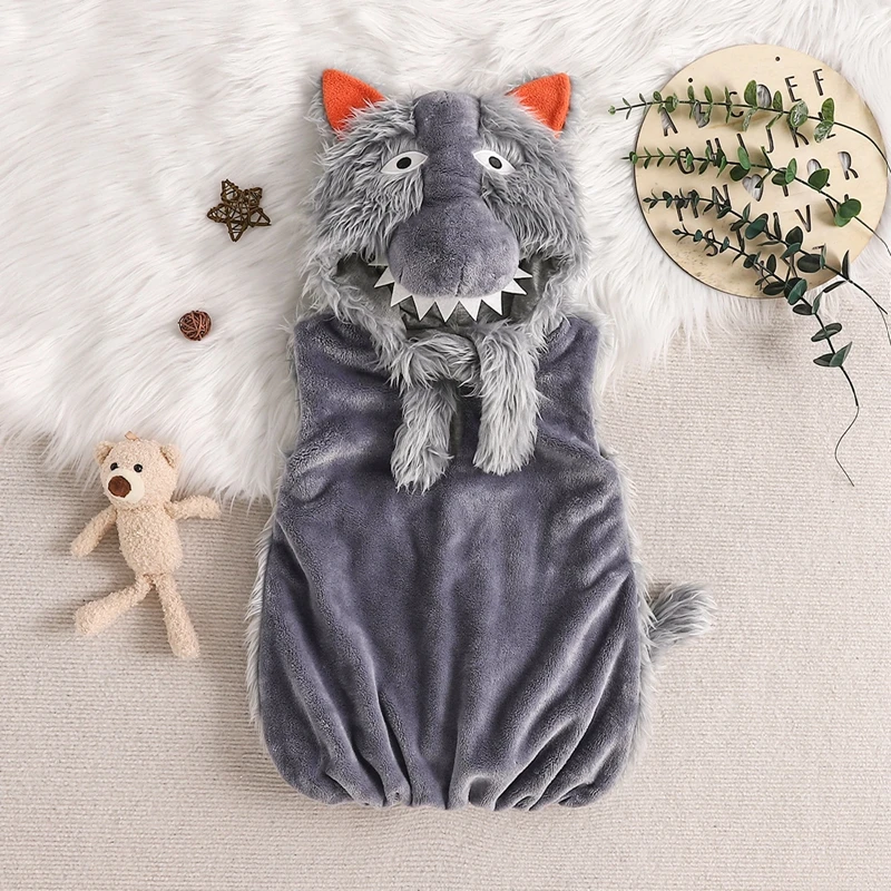 Toddler Boys Girls Animal Costume Flannel Gray Wolf Costume Role Play Hooded Pajamas Rompers Cosplay Jumpsuits