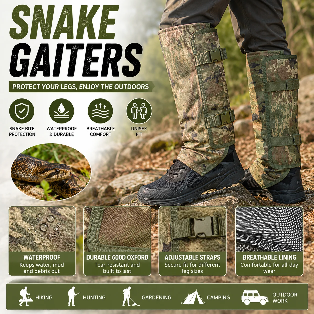 

Snake Gaiters, Waterproof Snake Guards Bite Protection for Lower Legs, Snake Proof Gaiters Fit for Men & Women