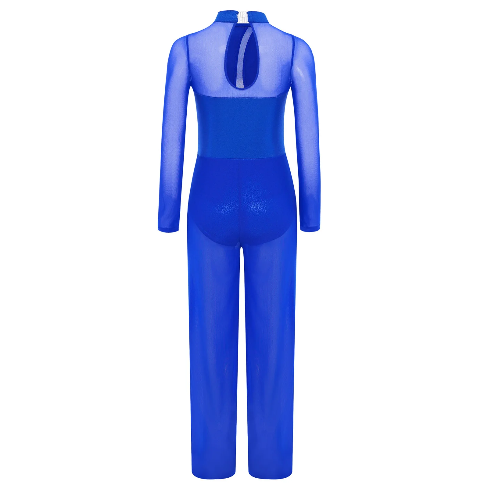 女の子体操パフォーマンスコスチューム シアーメッシュパッチワーク ワイドレッグメタリックジャンプスーツ 長袖キーホールバック フルボディレオタード