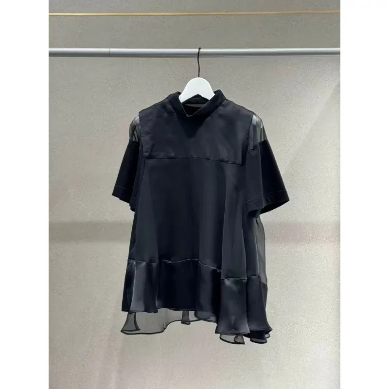 2026 Summer Japanese Style Women Lightweight Design Chiffon Shirts Color Block Loose Fit Short Sleeve Casual Blouses
