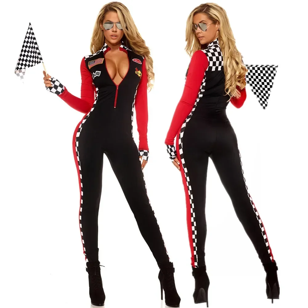 

Women Sexy Race Car Driver Costumes Long Sleeves Racer Racing Girl Uniform With Flags Cosplay Costume