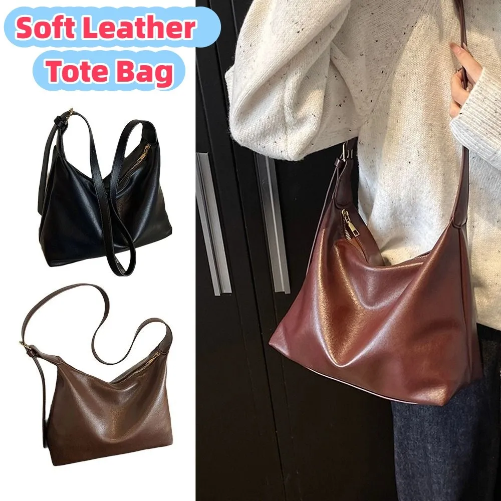 

Elegant Soft Leather Tote Bag Lightweight Large Capacity Commuting Shoulder Bag Zipper Solid Color Vintage Underarm Bag Women